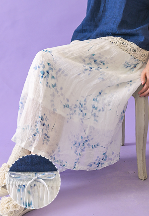 [訂購製造] 藍色花紋麻布裙子