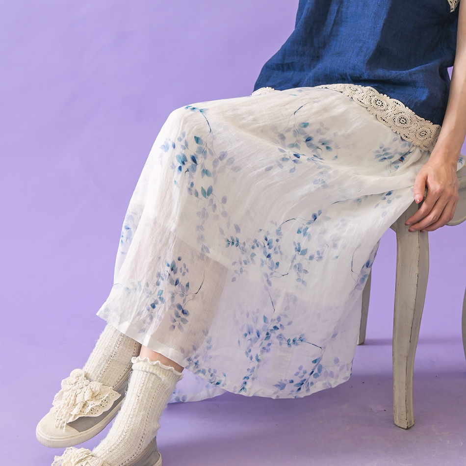 [訂購製造] 藍色花紋麻布裙子