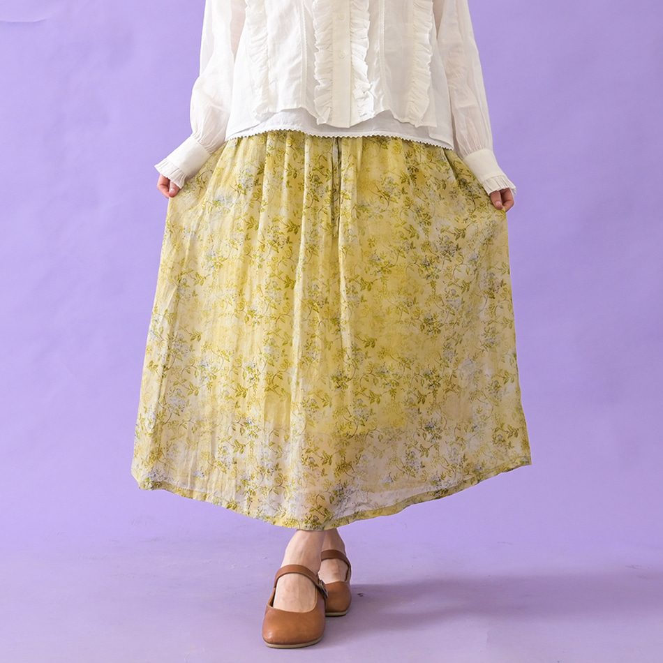 [訂購製造] ROSY 黃色花紋 亞麻 裙子